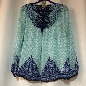 One World Blouse blue womens M flowy boho beachy long sleeve pattern front tie